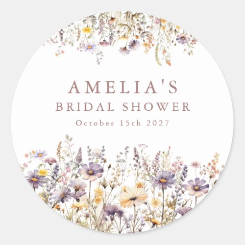 Purple Wildflowers Border Bridal Shower Custom Classic Round Sticker