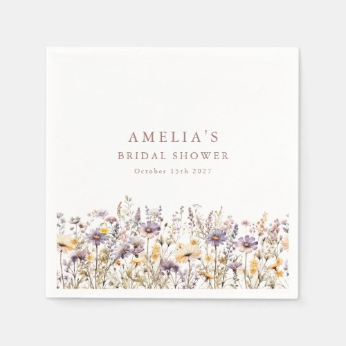 Purple Wildflowers Border Bridal Shower Custom Napkins