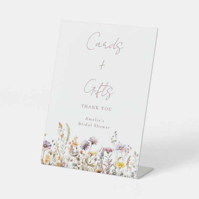 Purple Wildflowers Bridal Shower Custom Cards Gift Pedestal Sign (Front)