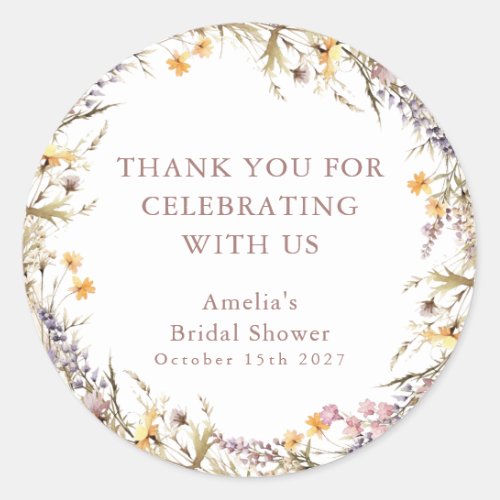 Purple Wildflowers Bridal Shower Custom Thank You Classic Round Sticker