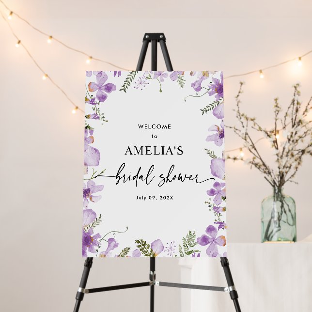 Purple Wildflowers Bridal Shower Welcome Sign (In Situ (Stand))