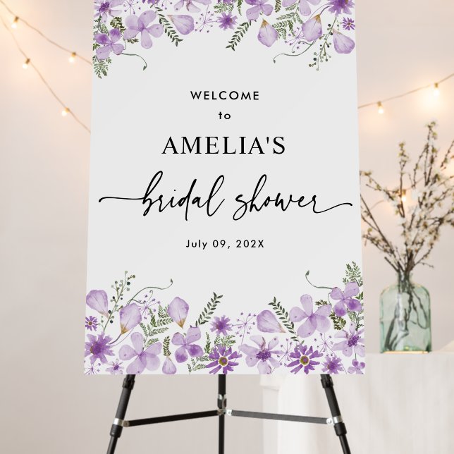 Purple Wildflowers Bridal Shower Welcome Sign (In Situ (Stand))