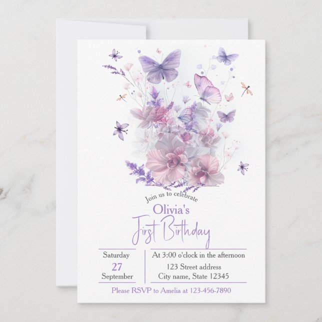 Purple Wildflowers Butterfly Girl's 1st Birthday  Invitation (Front)