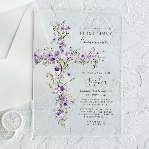 Purple Wildflowers Floral Cross First Communion Acrylic Invitations