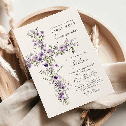 Purple Wildflowers Floral Cross First Communion Invitation