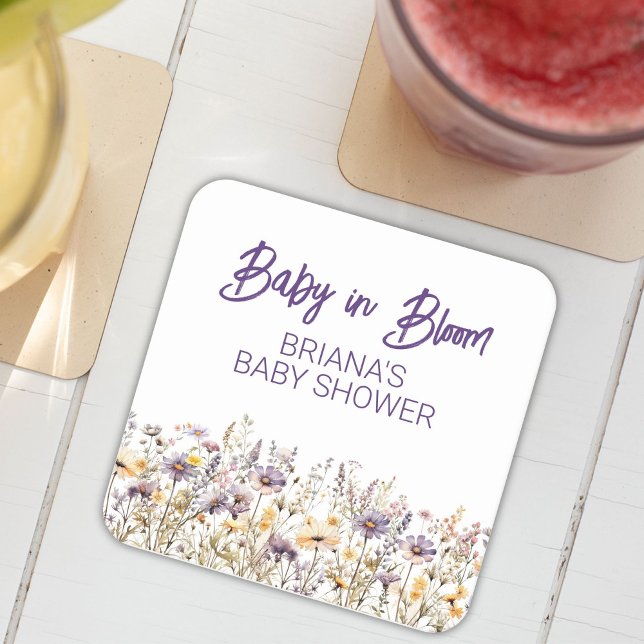 Purple Wildflowers Gender Neutral Baby Shower Square Paper Coaster (Creator Uploaded)
