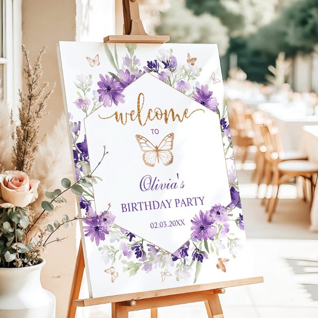 Purple wildflowers gold butterfly birthday Welcome Foam Board (Creator Uploaded)