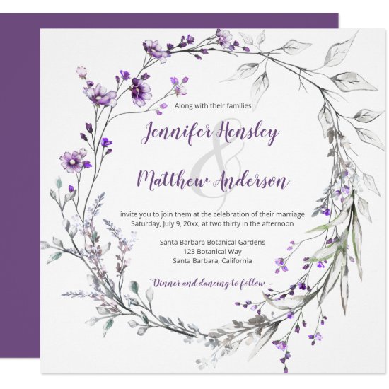 Purple Wildflowers Greenery Floral Wreath | Invitation