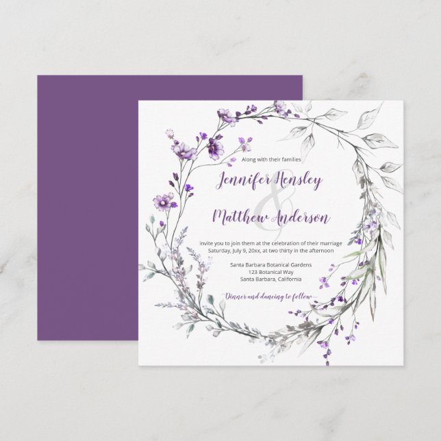 Purple Wildflowers Greenery Floral Wreath | Invitation (Front/Back)