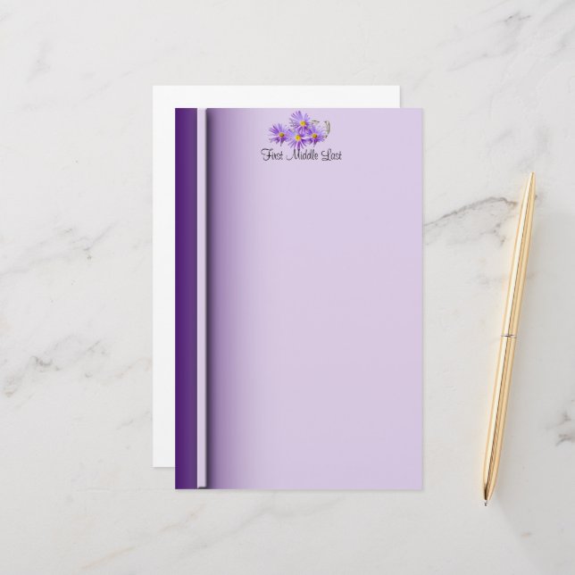 Purple Wildflowers Header Vertical Border Stationery (Front/Back In Situ)