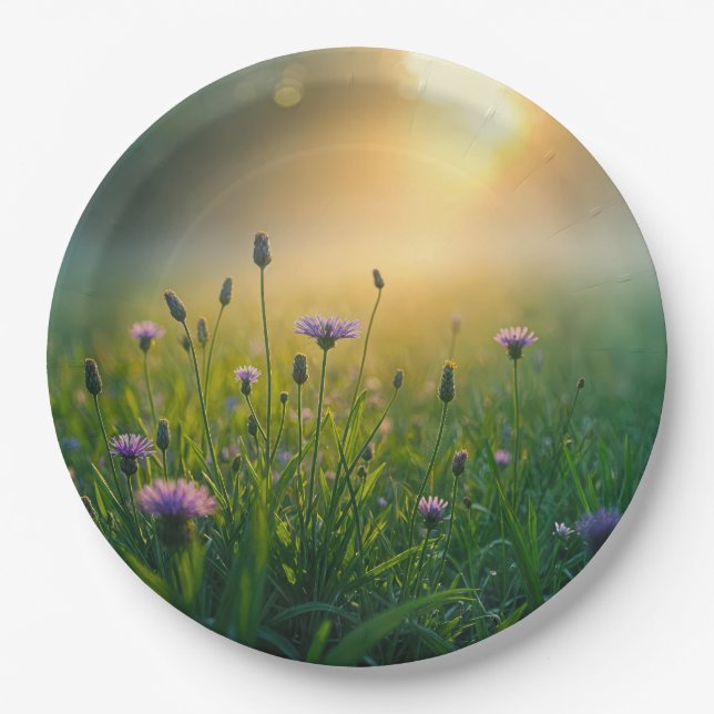Purple Wildflowers In Misty Meadow Paper Plates (Front)