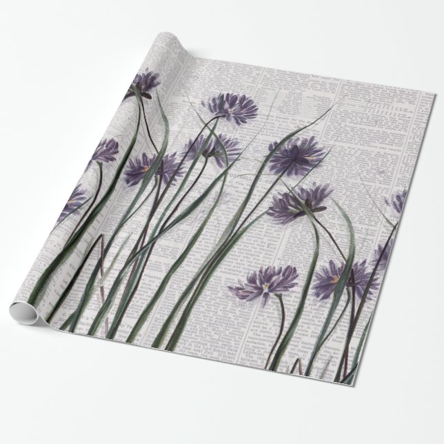 Purple Wildflowers on Vintage Newspaper Wrapping Paper (Unrolled)