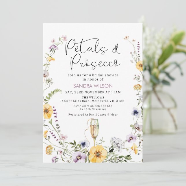 Purple Wildflowers Petals Prosecco Bridal Shower Invitation (Standing Front)