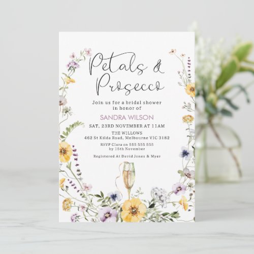 Purple Wildflowers Petals Prosecco Bridal Shower Invitation