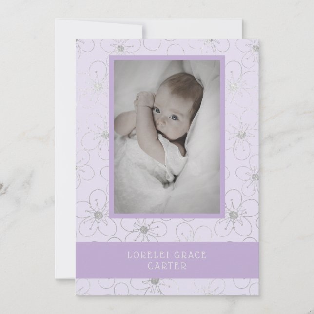 Purple Wildflowers Silver Photo Naming Ceremony Note Card (Front)