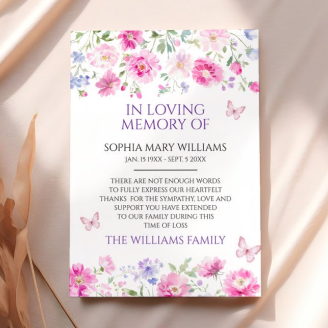 Purple Wildflowers Sympathy Memory Thank You Card (Creator Uploaded)