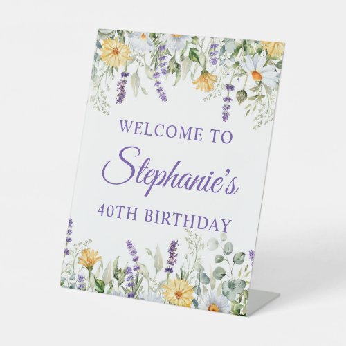 Purple Wildflowers Watercolor Border 40th Birthday Pedestal Sign