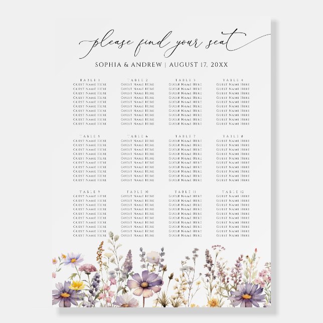 Purple Wildflowers Wedding Seating Charts Foam Board (Front)