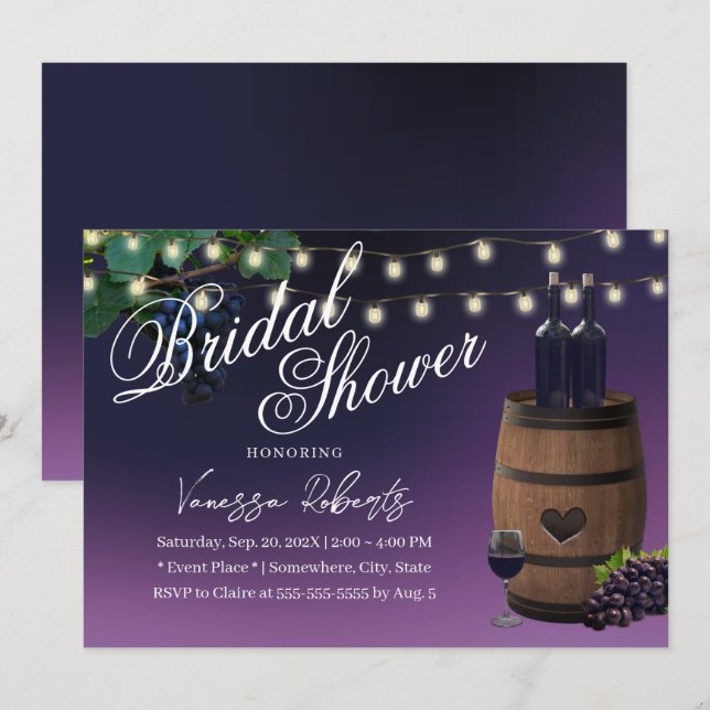 Purple Wine Barrel Rustic Winery Bridal Shower Invitation (Front/Back)