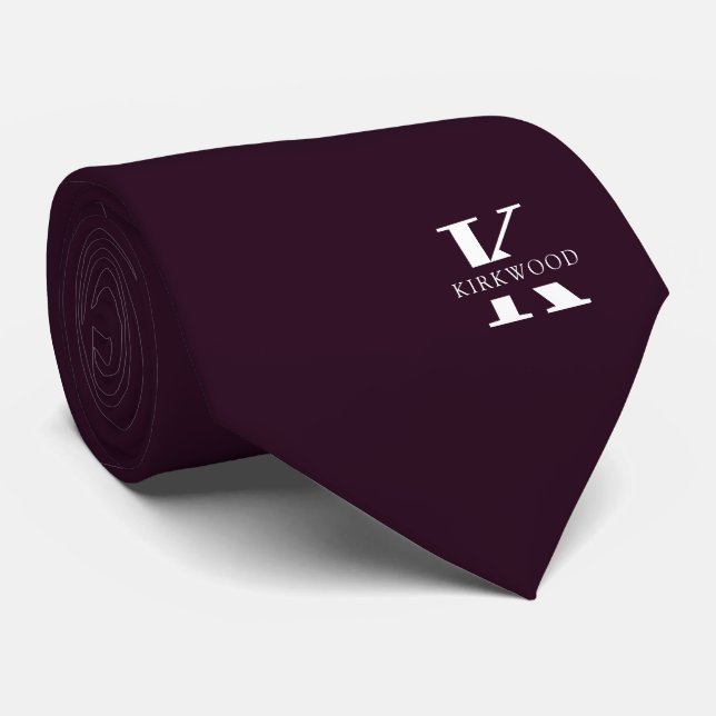 Purple Wine | Elegant Monogram+Name | One-Sided Neck Tie (Rolled)
