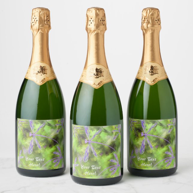 Purple Winged Dragonflies on Lime Sparkling Wine Label (Bottles)