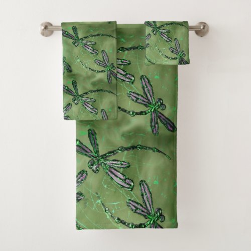 Purple Winged Dragonflies on Soft Green Bath Towel Set