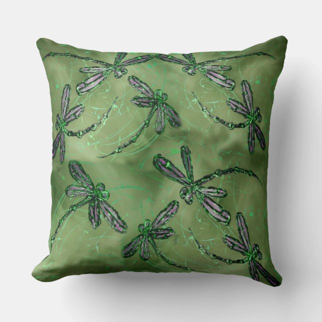 Purple Winged Dragonflies on Soft Green Throw Pillow (Front)