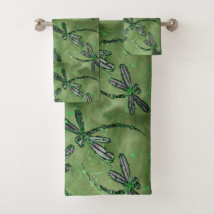 Purple Winged Dragonflies on Soft Lime Green Bath Towel Set