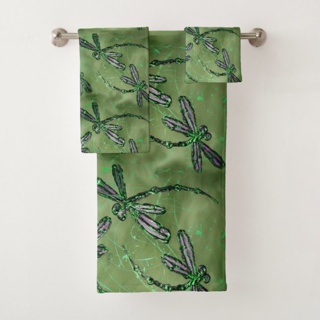 Purple Winged Dragonflies on Soft Lime Green Bath Towel Set (Insitu)
