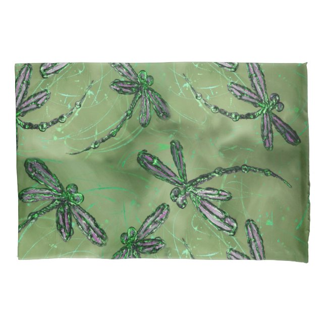 Purple Winged Dragonflies on Soft Lime Green Pillow Case (Front)