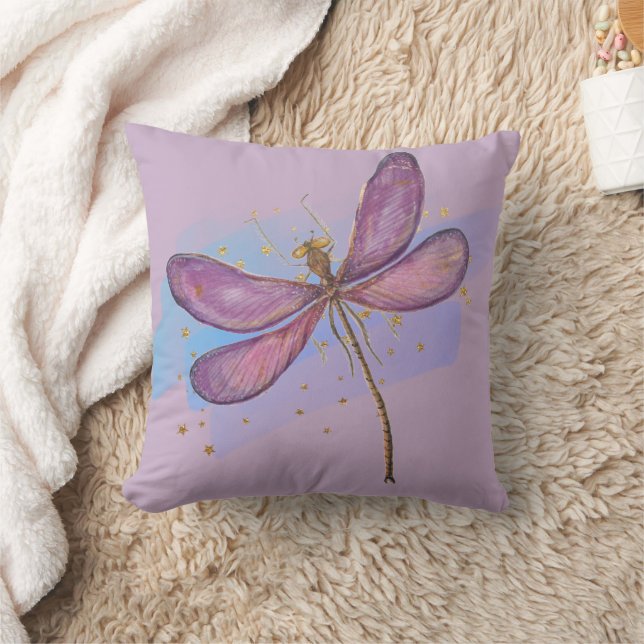 Purple Winged Watercolor Dragonfly Throw Pillow (Blanket)