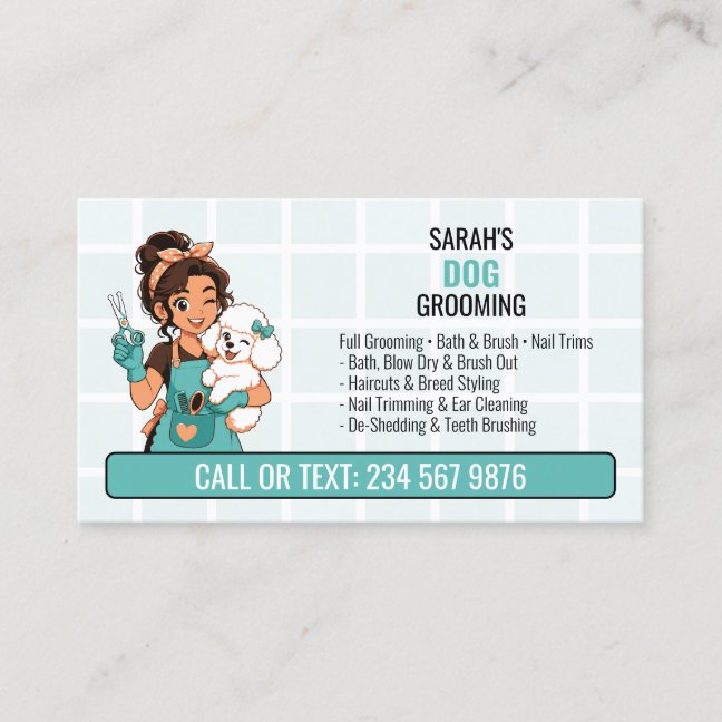 Purple Winking Groomer Girl QR Dog Grooming Business Card