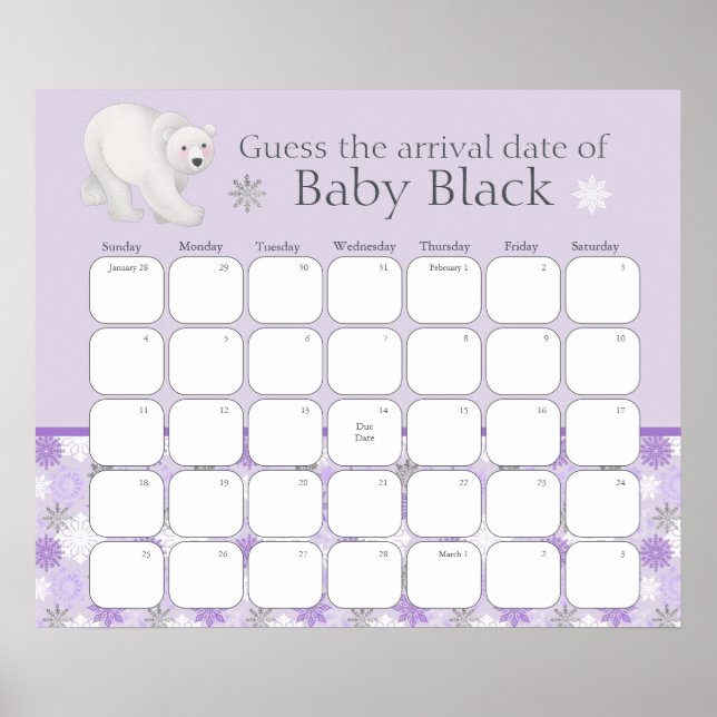 Purple Winter Baby Shower Guess The Due Date Poster (Front)