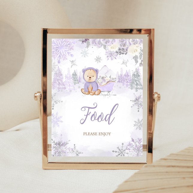 Purple Winter Bear Baby Shower Food Poster (Purple Teddy Bear Baby Shower Food Sign)