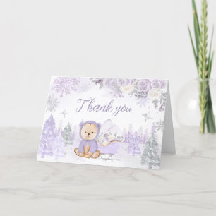 Purple Winter Bear Baby Shower  Letterpress Thank You Card