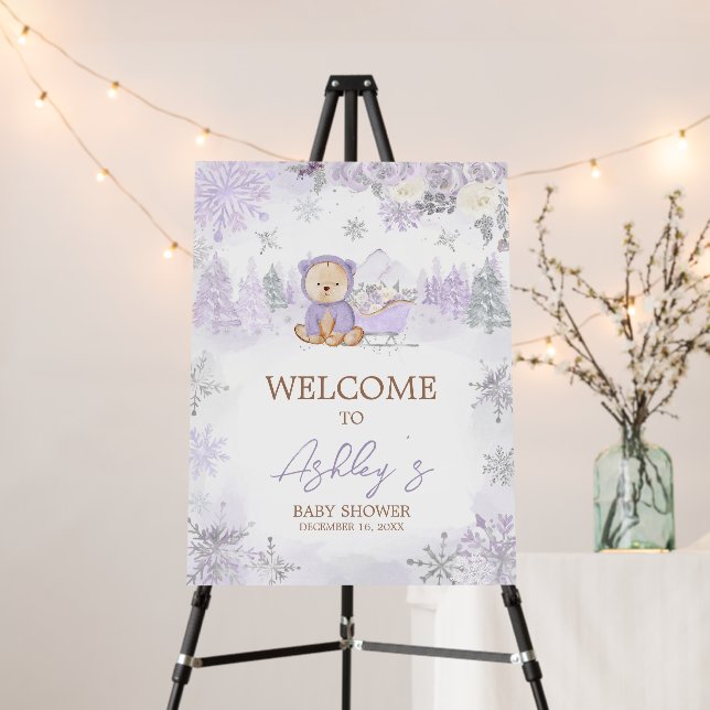 Purple Winter Bear Baby Shower Welcome Sign (In Situ (Stand))
