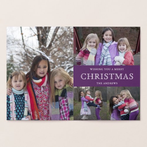 Purple Winter Christmas Photo Collage Foil Card