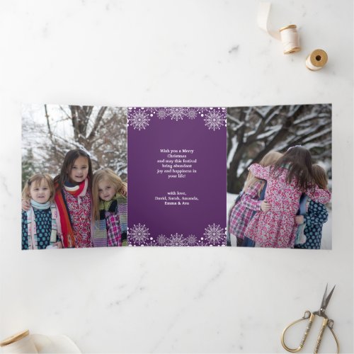 Purple Winter Christmas Photo Collage Tri_Fold Holiday Card