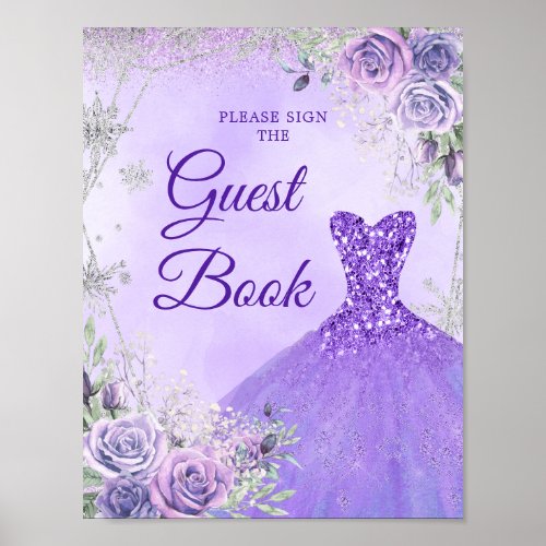 Purple Winter Floral Snowflake 15 Anos Guest Book