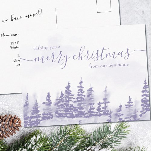 Purple Winter Forest Holiday Moving Announcement Postcard