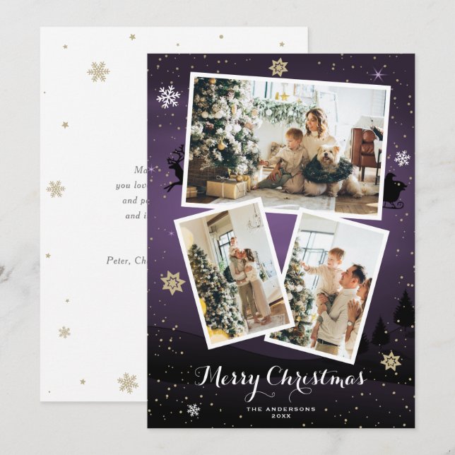 Purple Winter Holiday Merry Christmas Photo Cards (Front/Back)