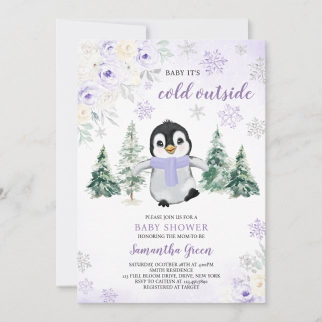 Purple Winter Penguin Baby Shower Invitation (Front)