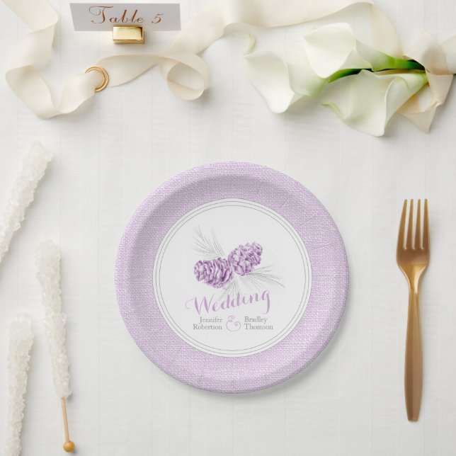 Purple winter pine cone art paper plates (Wedding)