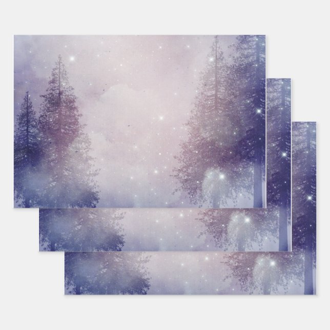 Purple Winter Pine Tree Forest Wrapping Paper Sheets (Set)