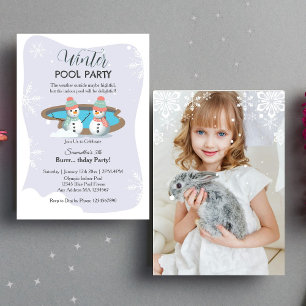 Purple Winter Pool Birthday Party Photo Invitation