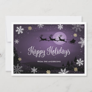 Purple Winter Scene Reindeer Santa Claus Holiday Card