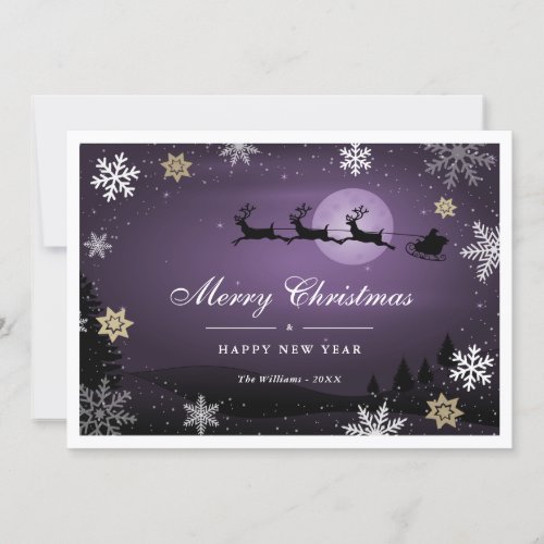 Purple Winter Scene Reindeer Santa Claus Holiday Card