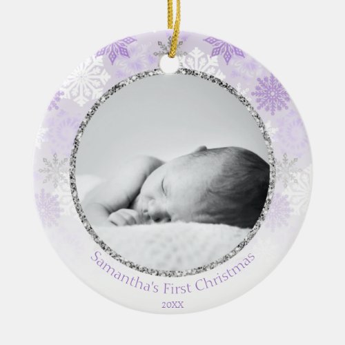 Purple Winter Snowflake Babys First Christmas Ceramic Ornament