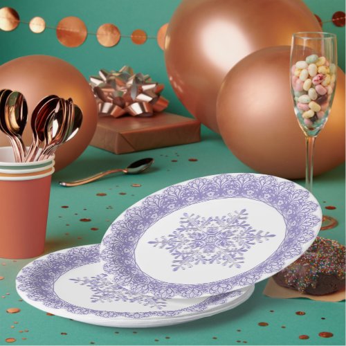 Purple Winter Snowflake Lace Edge Paper Plates