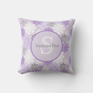Purple Winter Snowflake Personalized Monogram Throw Pillow